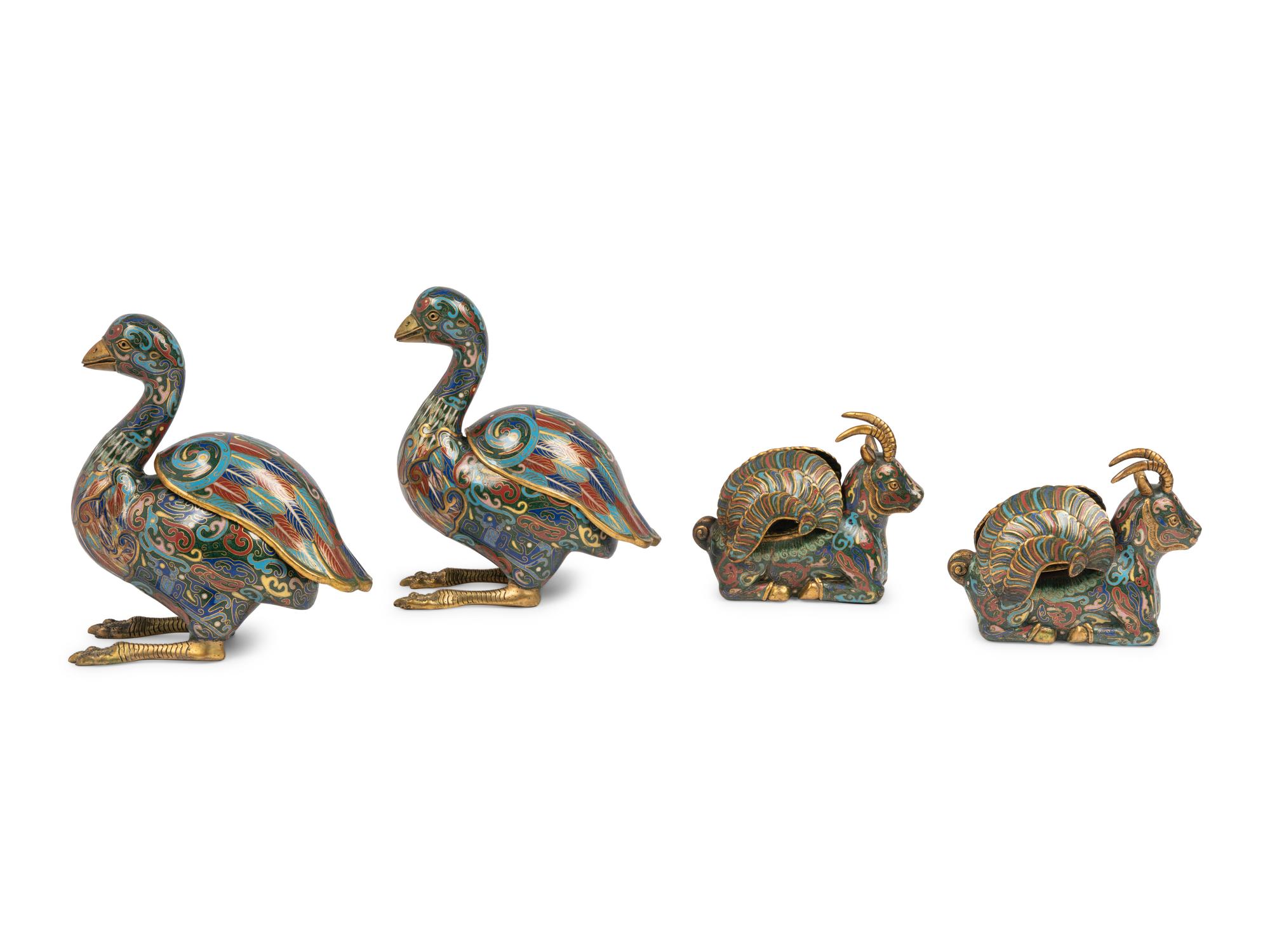 Two Pairs of Chinese Cloisonné Enamel Animal Form Vessels
