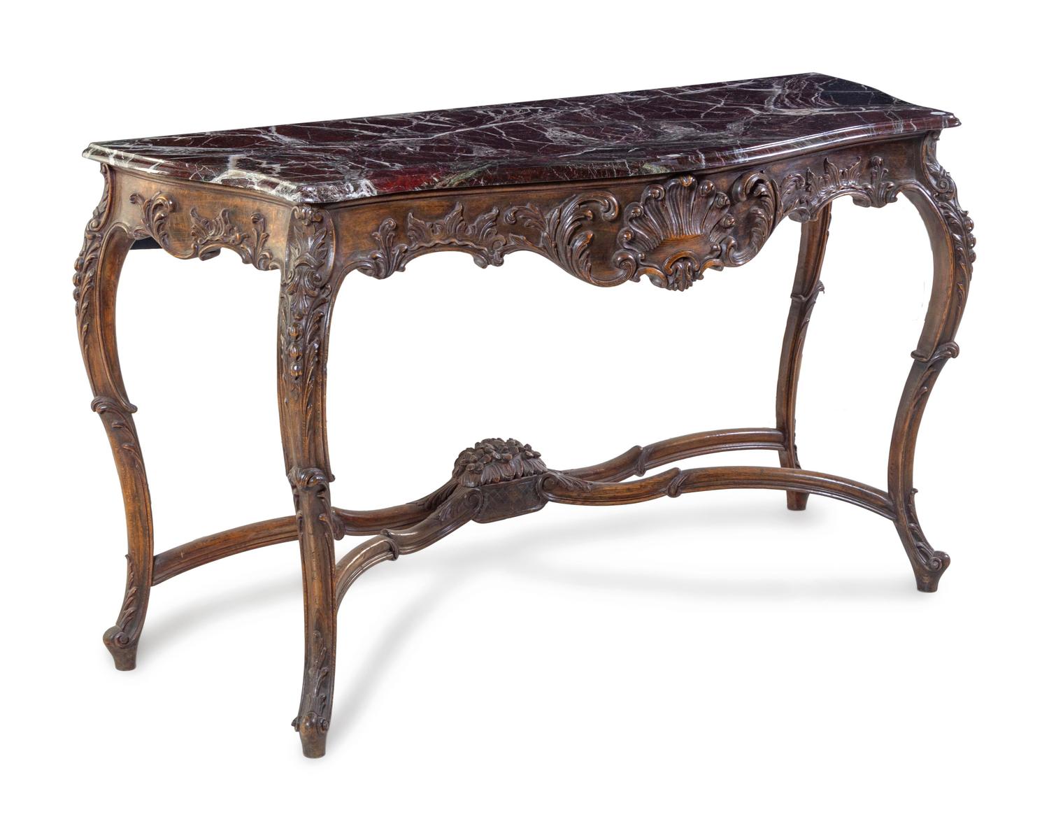 A Louis XV Style Carved Oak Marble-Top Console Table