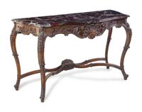 A Louis XV Style Carved Oak Marble-Top Console Table