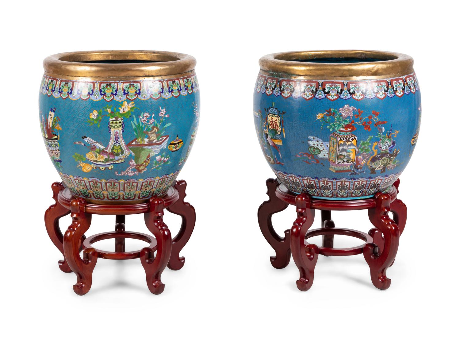 A Pair of Chinese Cloisonné Fish Bowls and Stands