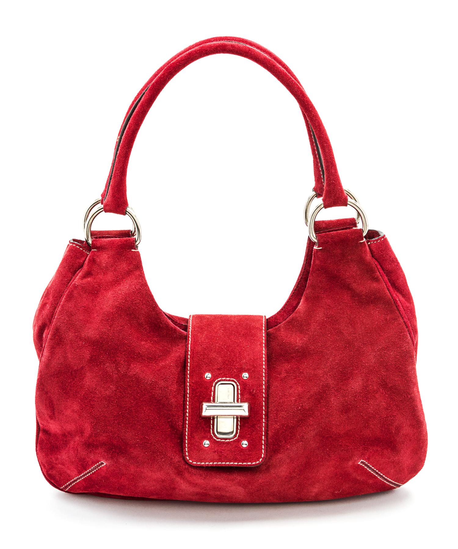 A Prada Red Suede Shoulder Bag, 11 1/2 x 8 x 3 inches.