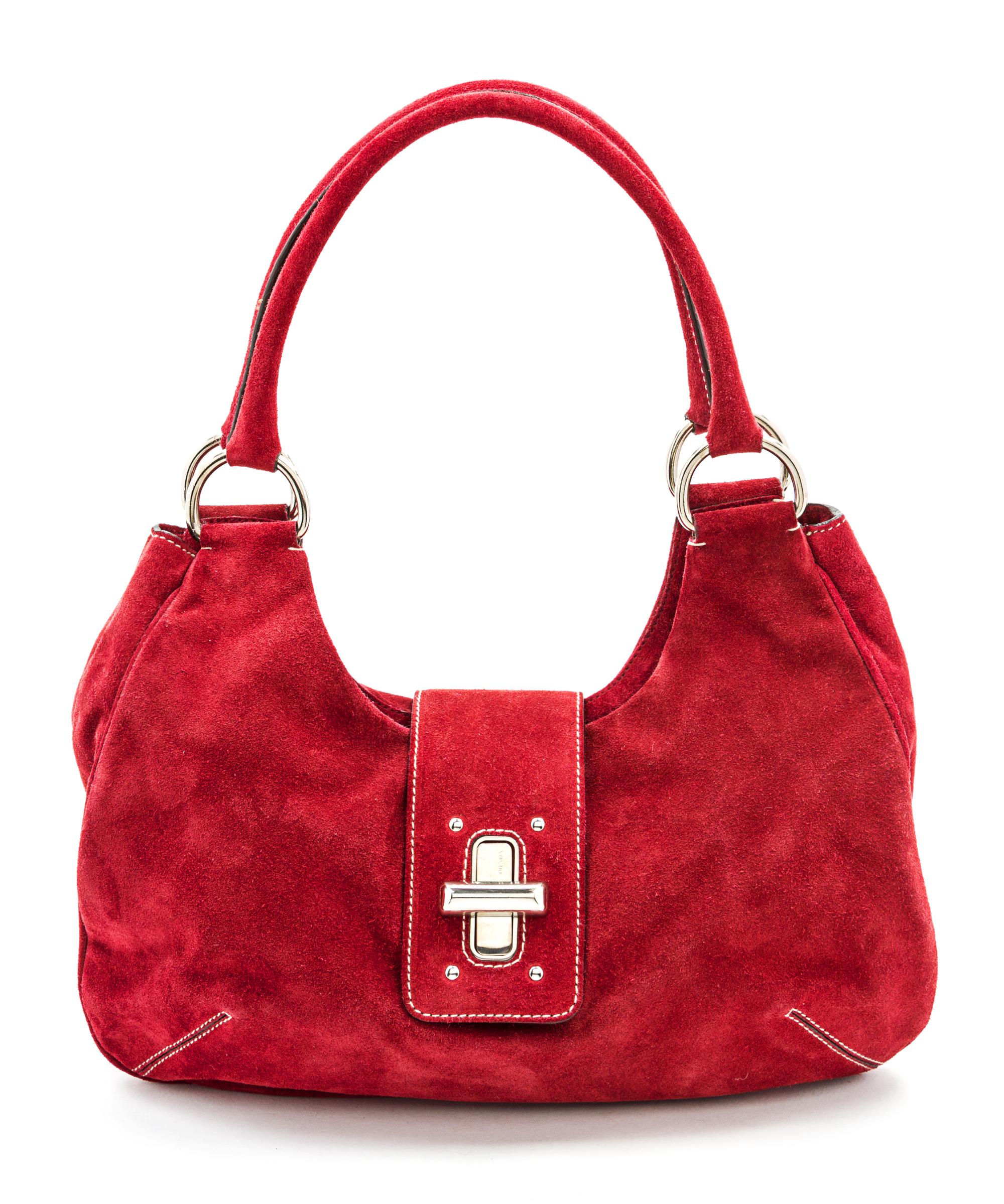 A Prada Red Suede Shoulder Bag, 11 1/2 x 8 x 3 inches.