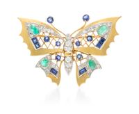A Vintage Platinum Topped Gold, Sapphire, Emerald and Diamond Butterfly Brooch, 7.50 dwts.