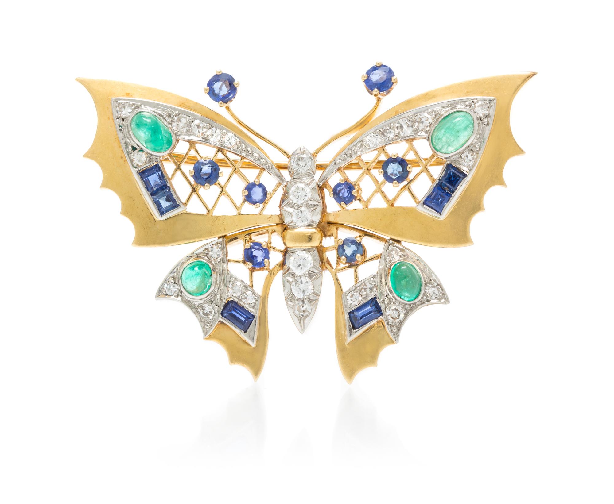 A Vintage Platinum Topped Gold, Sapphire, Emerald and Diamond Butterfly Brooch, 7.50 dwts.