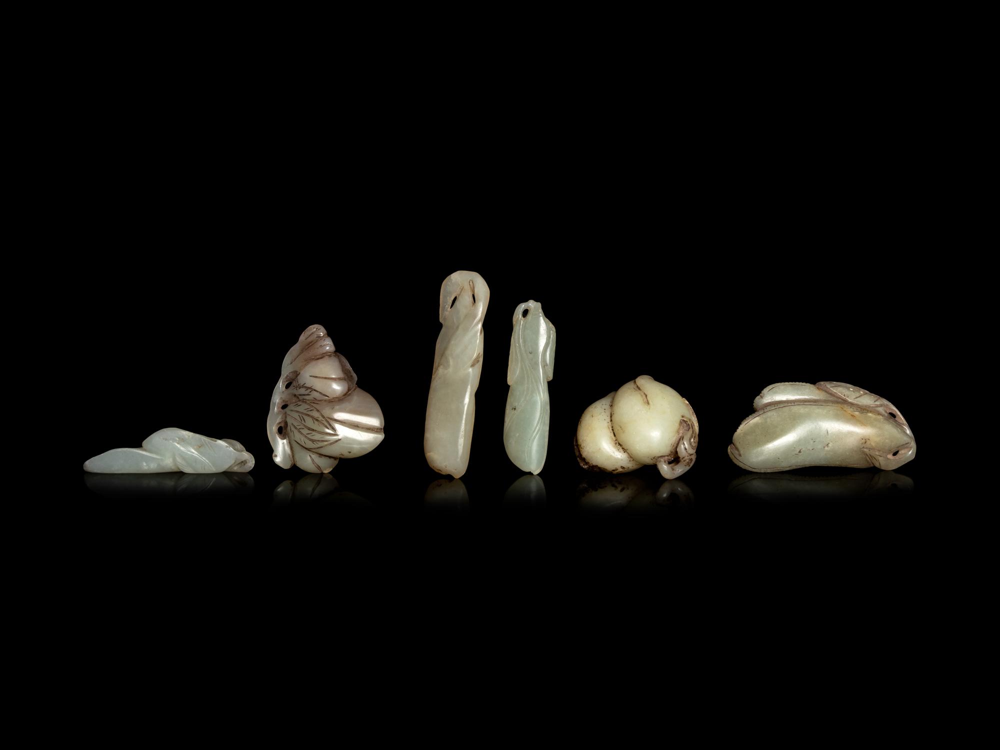 Six Chinese Celadon Jade Carvings of Aubergines
