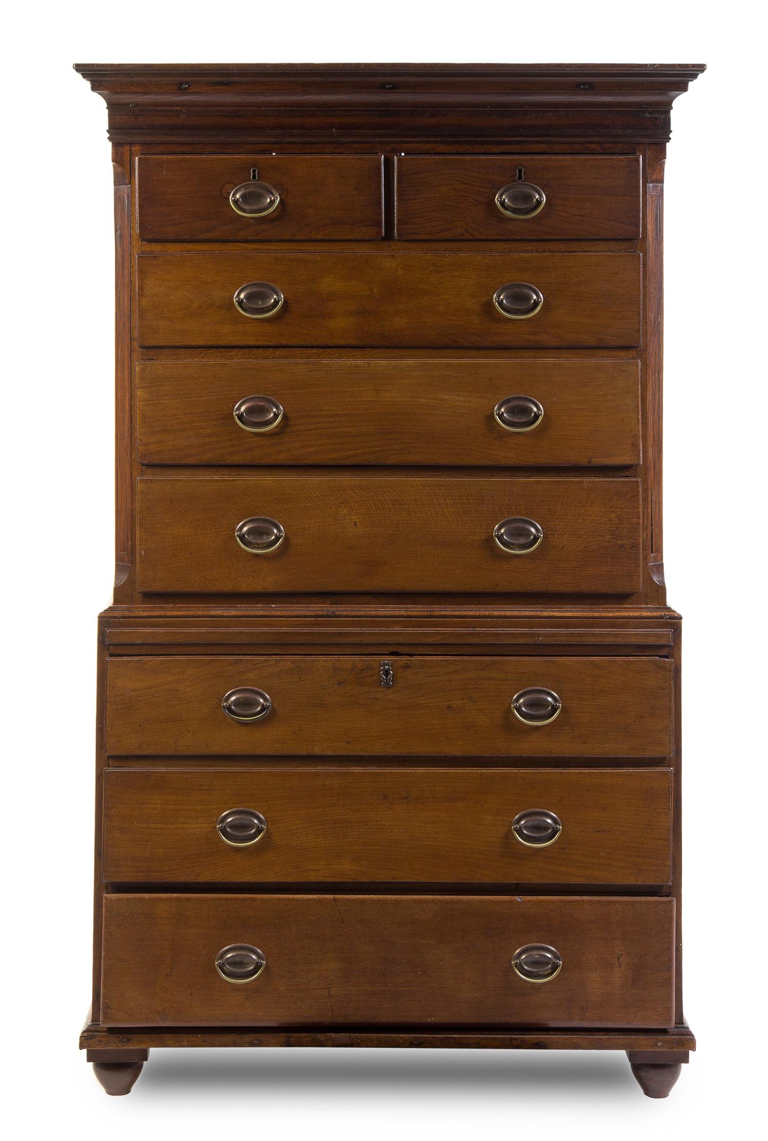 An American Oak Chest on Chest Height 73 x width 44 1/2 x depth 22 inches. — EARLY 19TH CENTURY