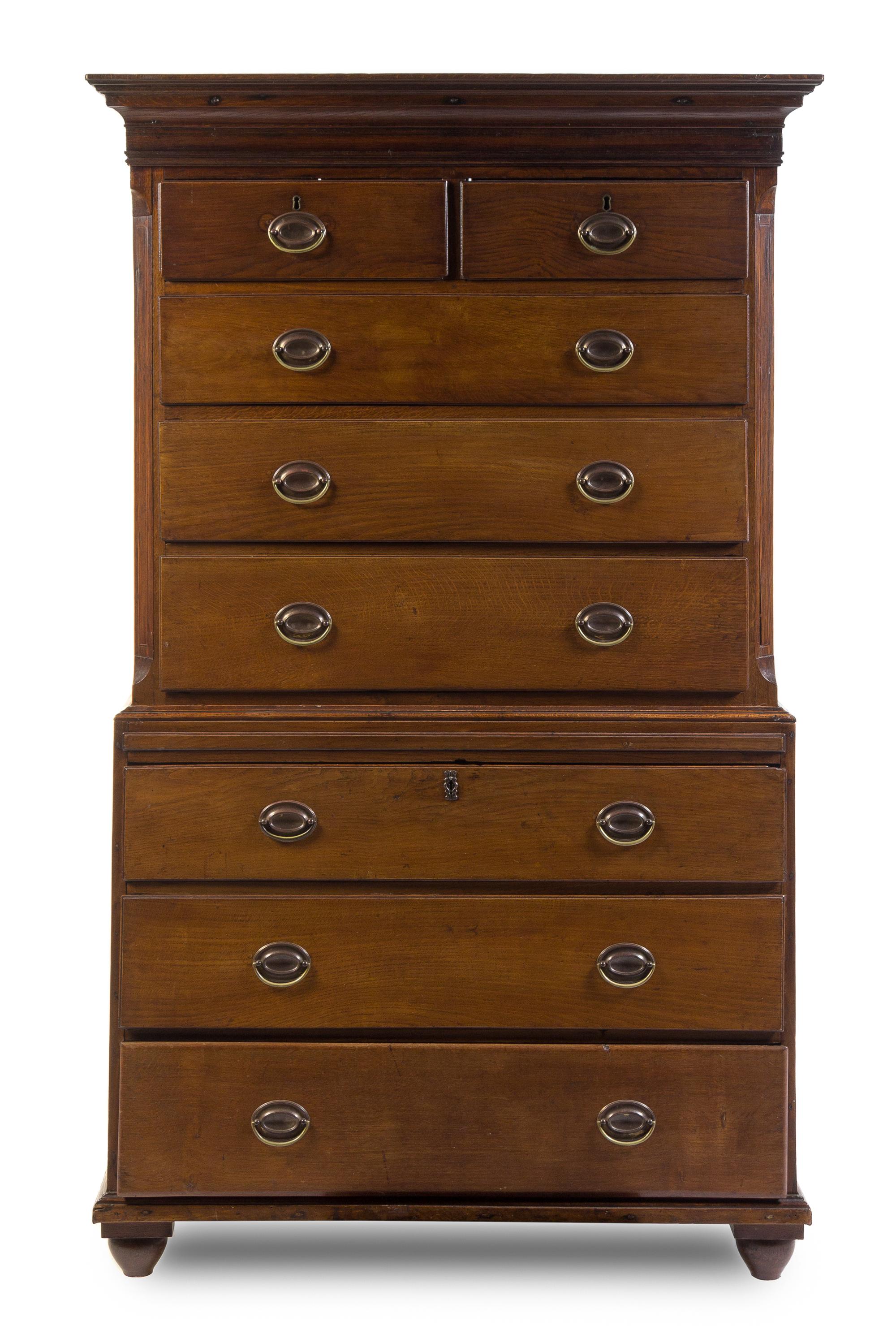 An American Oak Chest on Chest Height 73 x width 44 1/2 x depth 22 inches. — EARLY 19TH CENTURY