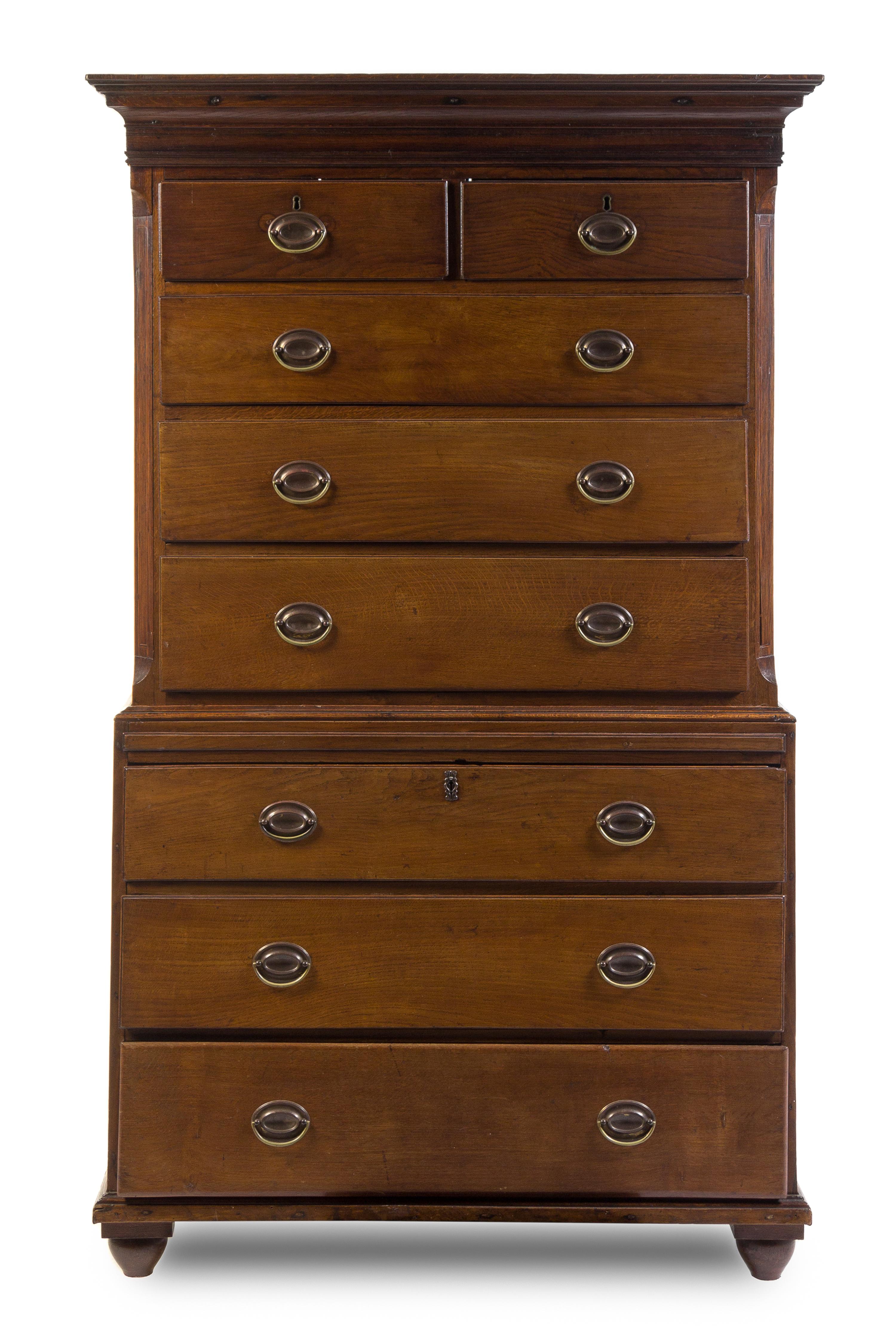 An American Oak Chest on Chest Height 73 x width 44 1/2 x depth 22 inches. — EARLY 19TH CENTURY