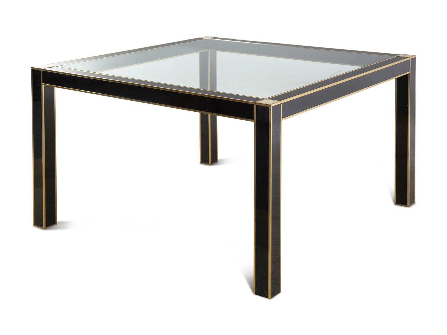 A Jean-Claude Mahey Mother-of-Pearl Inset Black Lacquer and Brass Glass-Top Table