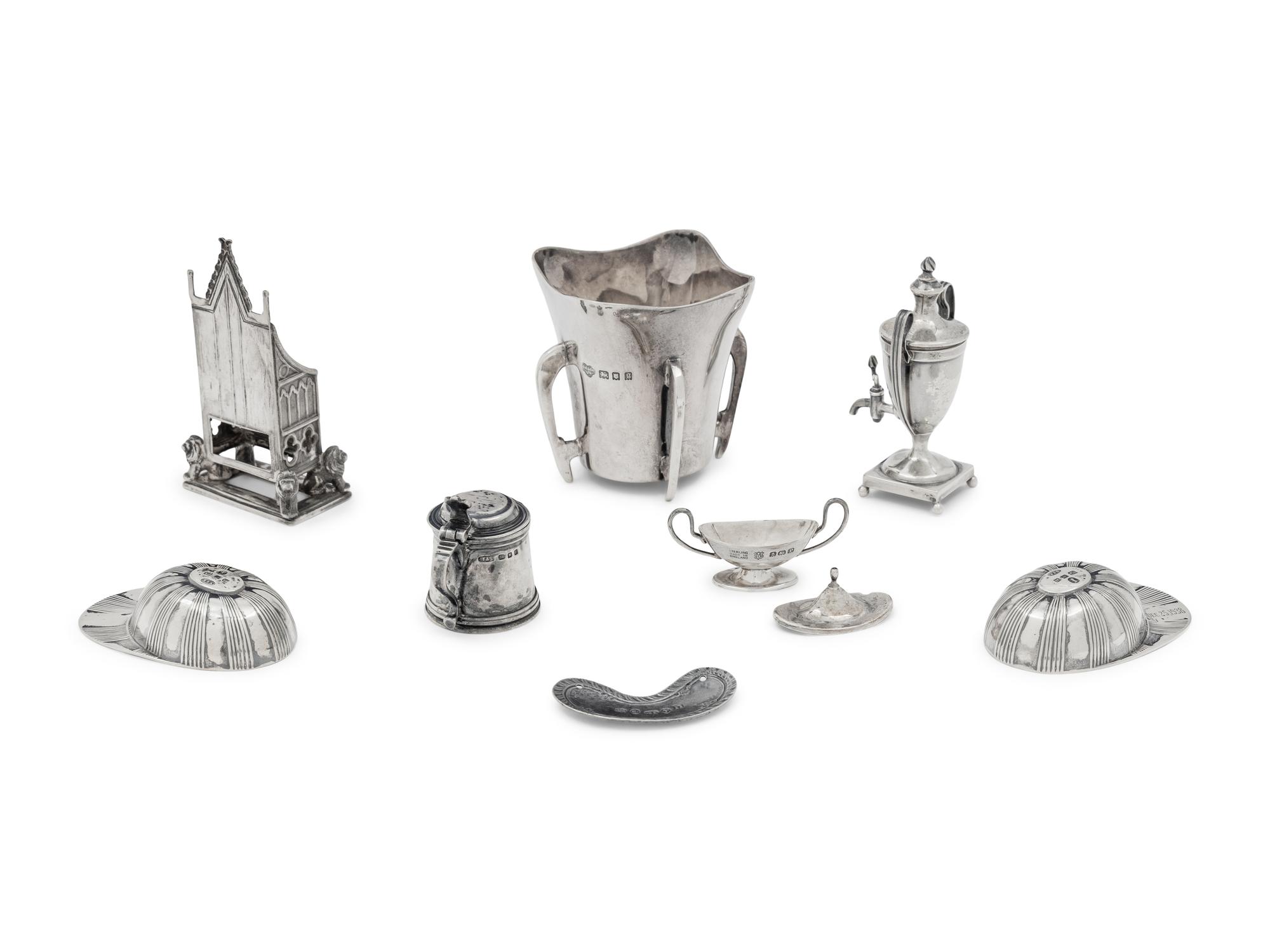 A Collection of Eight English Silver Miniature and Diminutive Articles