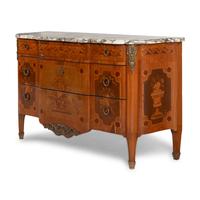 A Louis XVI Style Marquetry and Gilt Bronze Mounted Marble-Top Commode