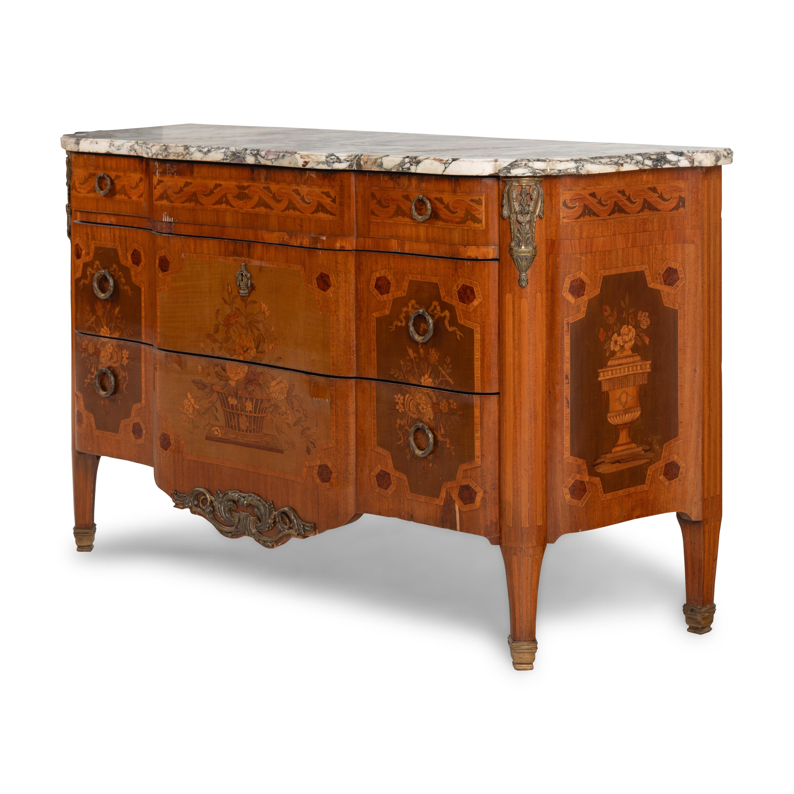 A Louis XVI Style Marquetry and Gilt Bronze Mounted Marble-Top Commode