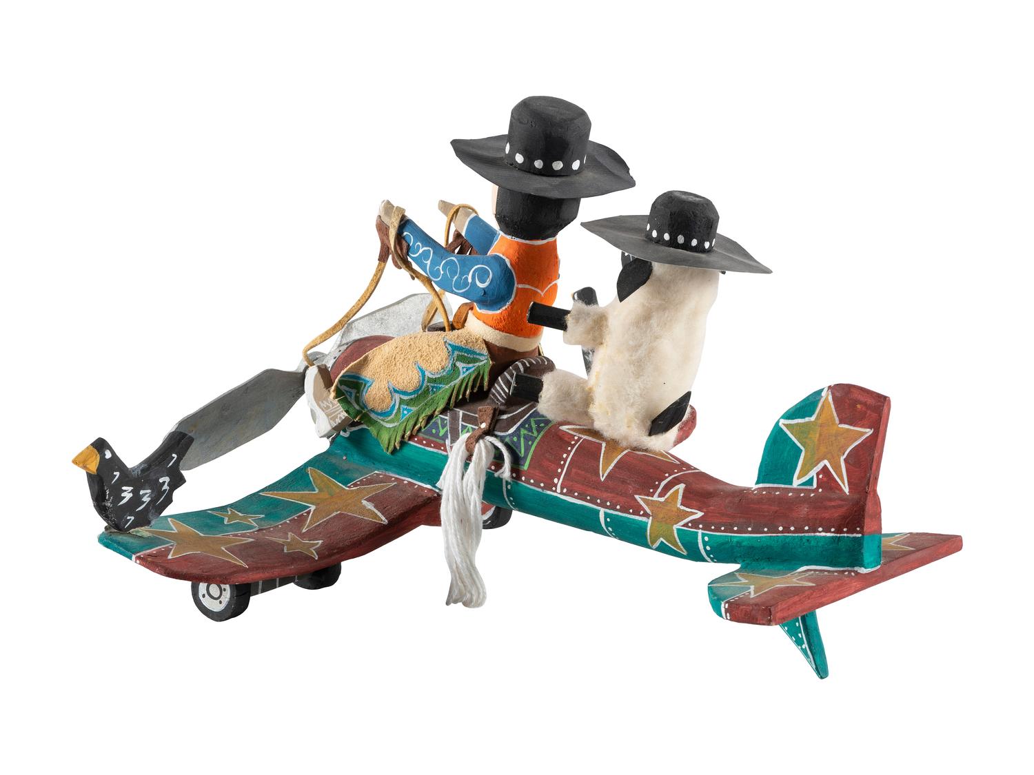 Carved and Painted Airplane, with Cowboy Pilot and Sheep Copilot