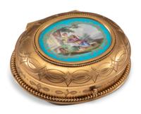 A Sèvres Style Porcelain Inset Gilt Metal Sewing Kit