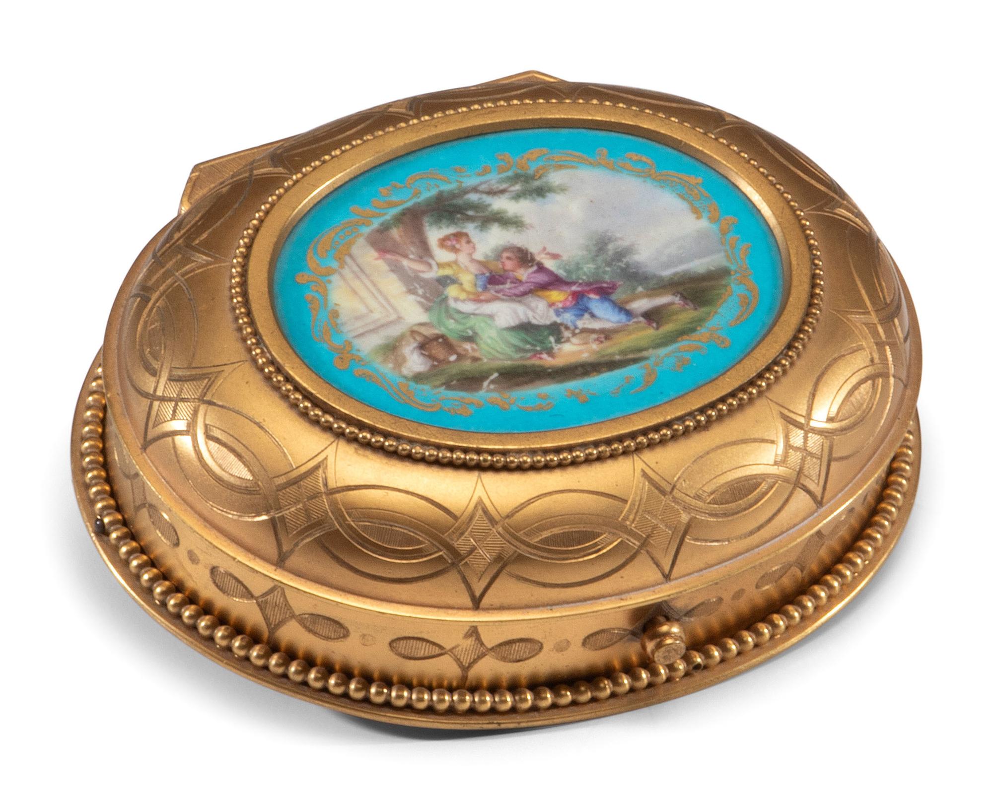 A Sèvres Style Porcelain Inset Gilt Metal Sewing Kit