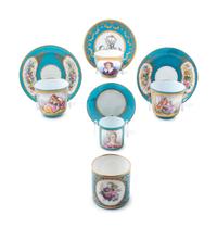 Four Sèvres Style Painted and Parcel Gilt Celeste Blue-Ground Porcelain Cups and Saucers
