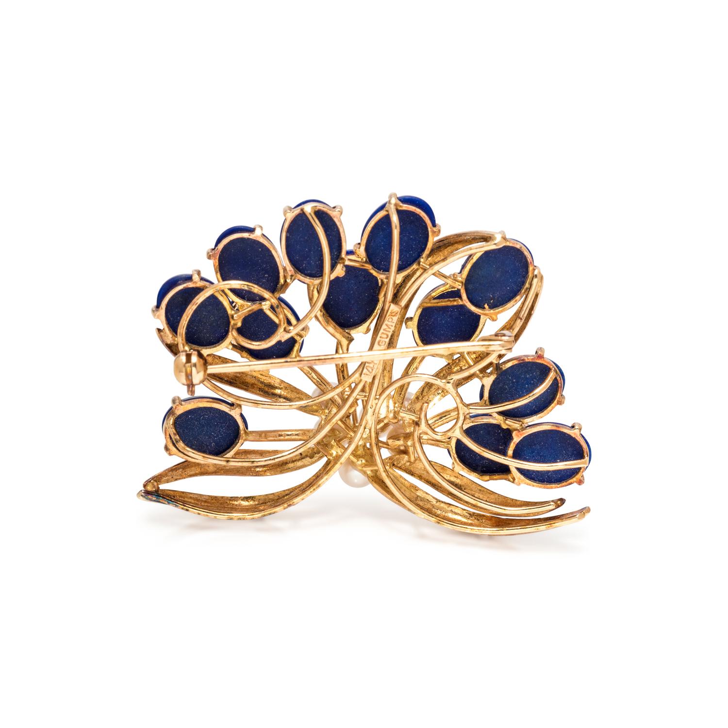 GUMP'S, LAPIS LAZULI AND CULTURED PEARL BROOCH