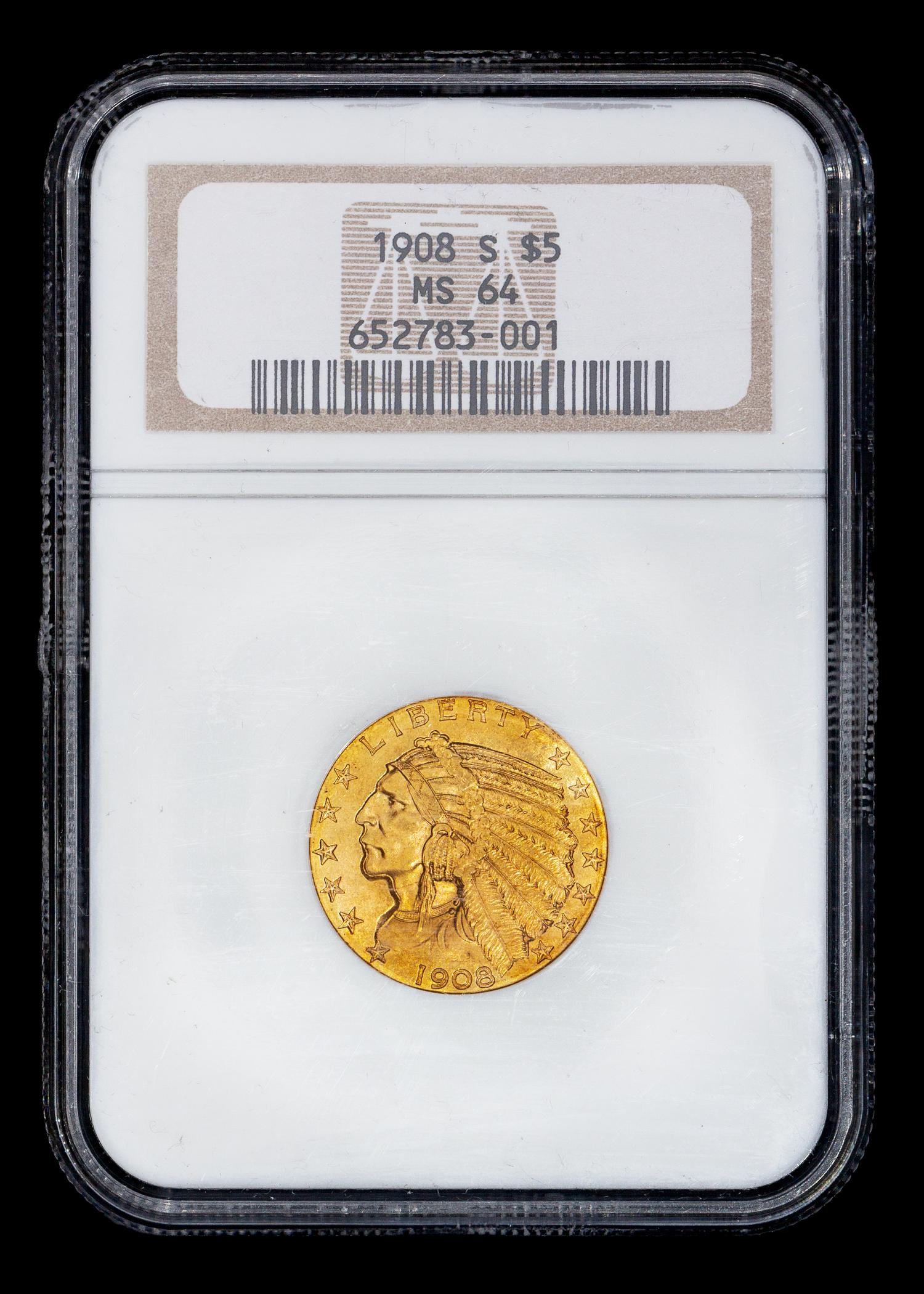 A United States 1908-S Indian Head $5 Gold Coin (NGC MS64)