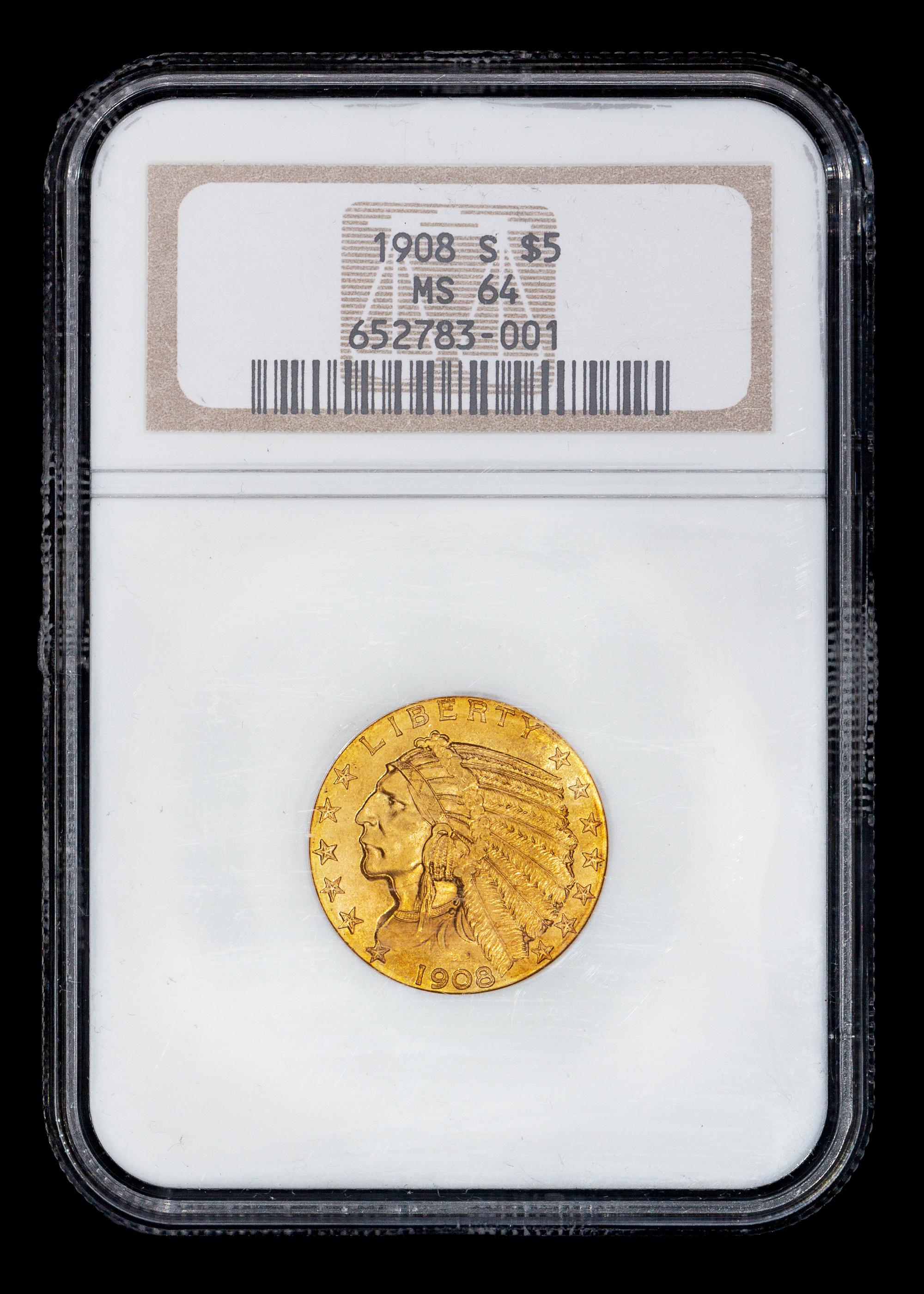 A United States 1908-S Indian Head $5 Gold Coin (NGC MS64)