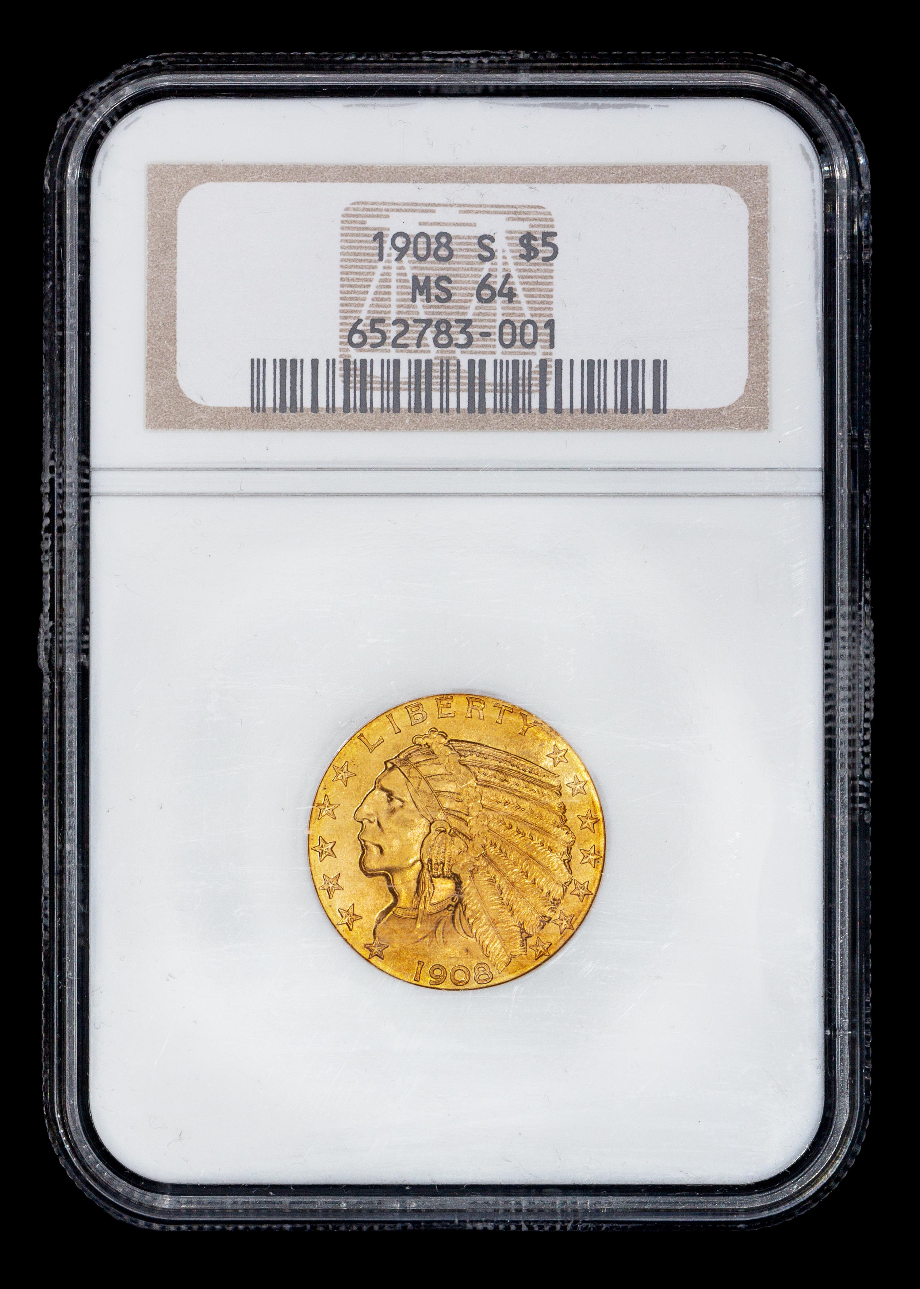 A United States 1908-S Indian Head $5 Gold Coin (NGC MS64)