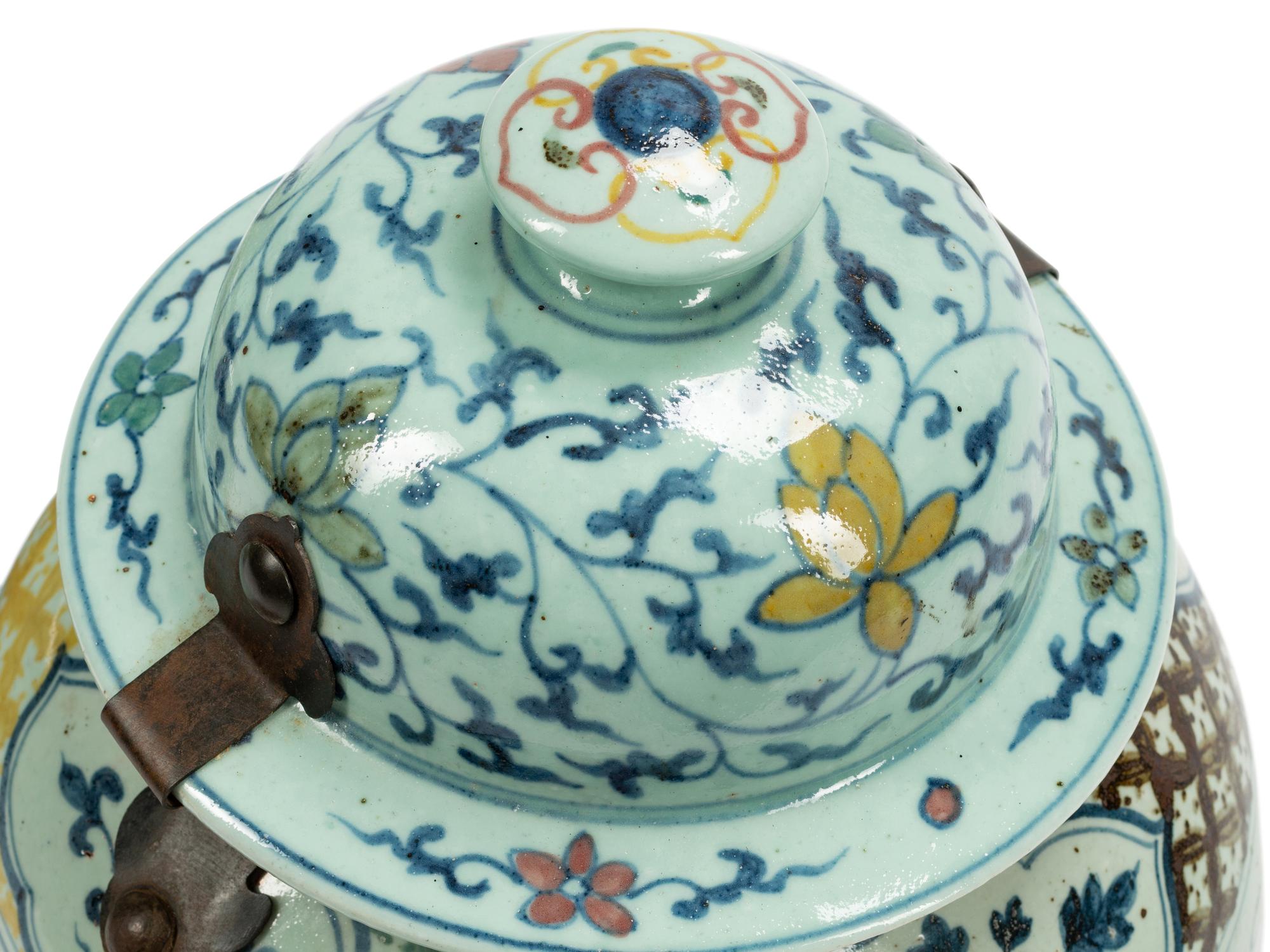 A Pair of Chinese Export Iron Mounted Porcelain Tea Jars