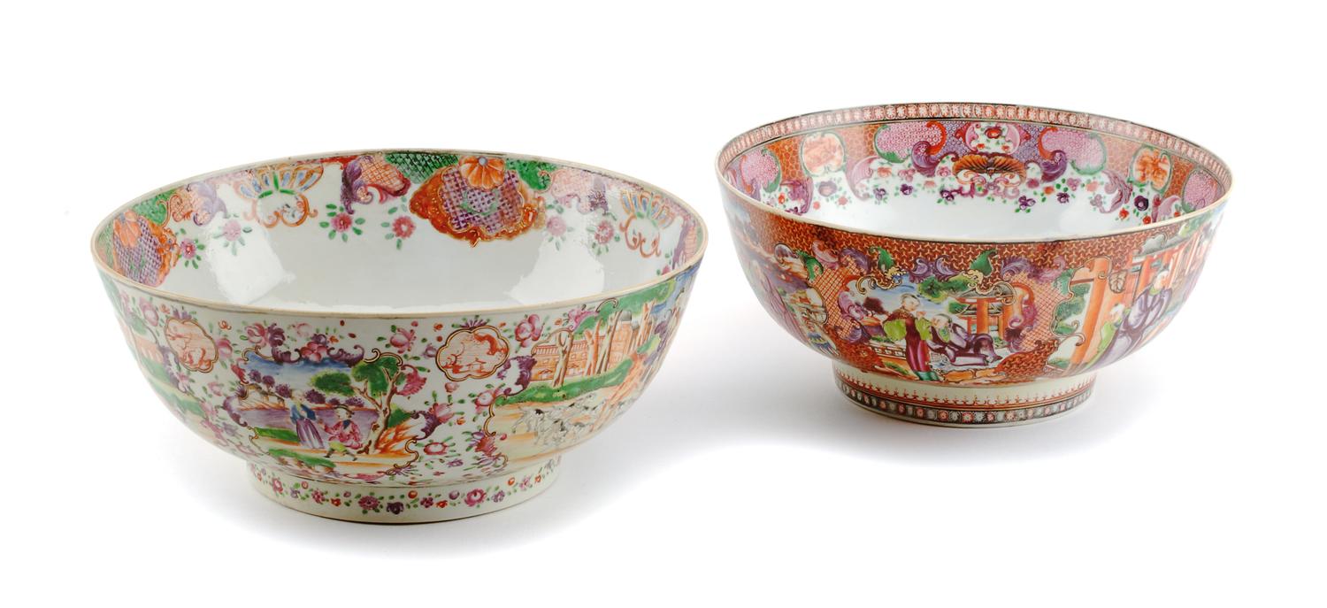 Two Chinese Mandarin Palette Porcelain Bowls Diameter 11 1/2 inches.