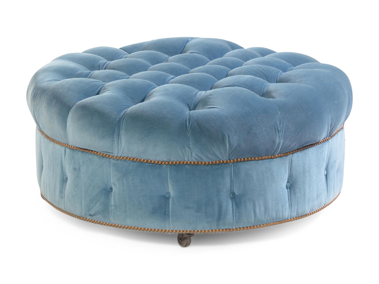 A Velvet-Upholstered Button-Tufted Ottoman