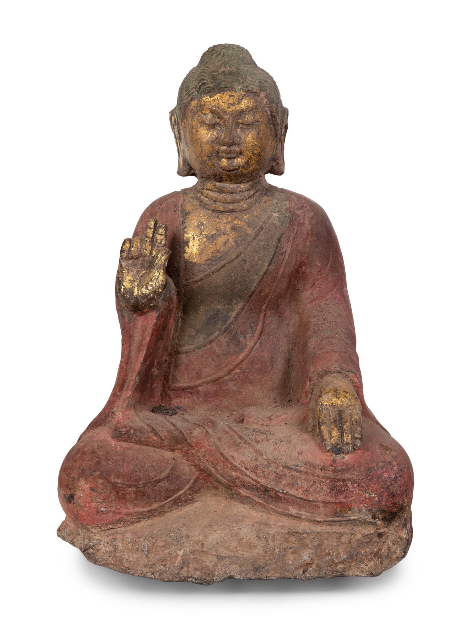 A Chinese Carved Stone Seated Buddha with Polychrome Decoration