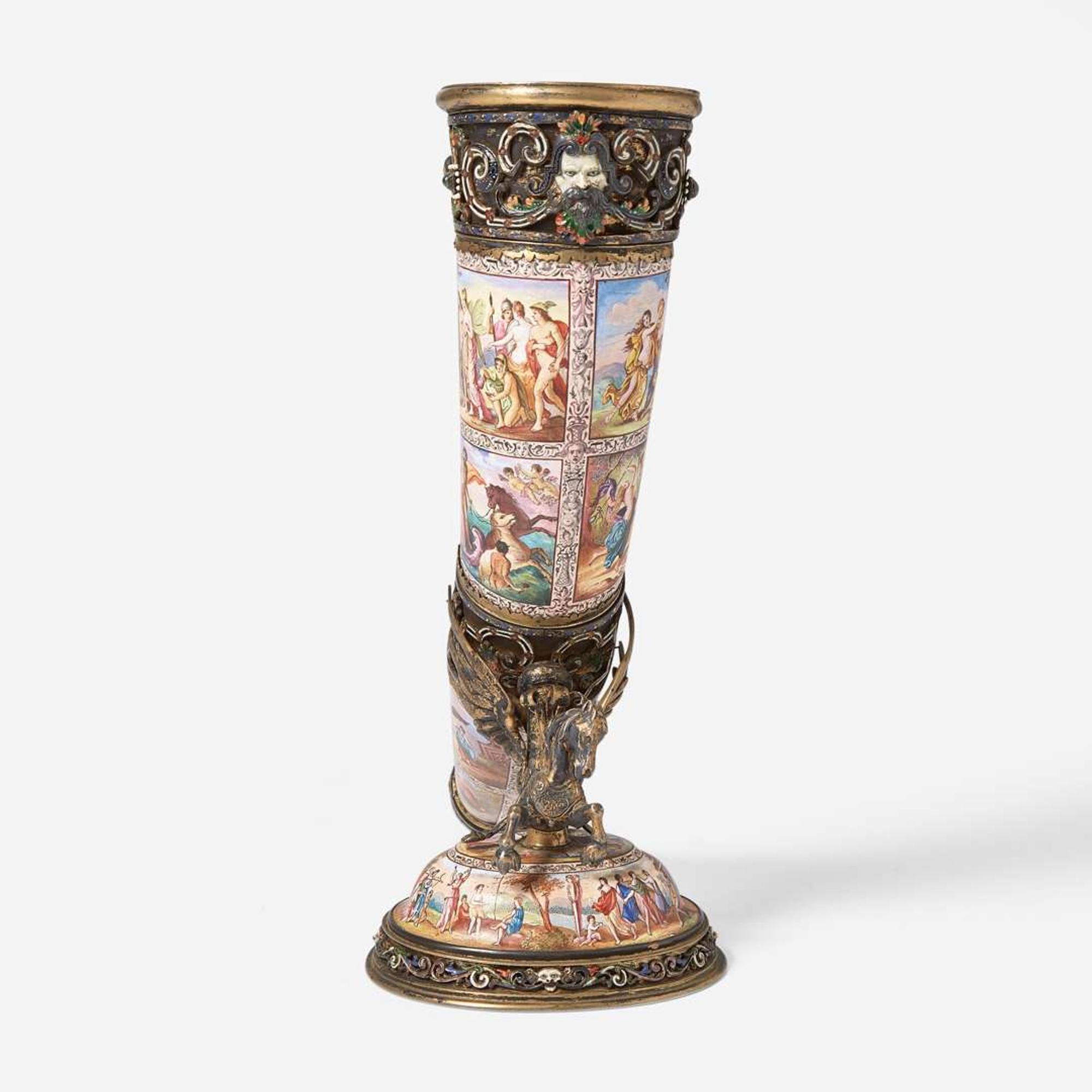 A Viennese silver gilt and enamel horn on stand Karl Bank (active 1895-1924), Vienna, Austria, circa 1900