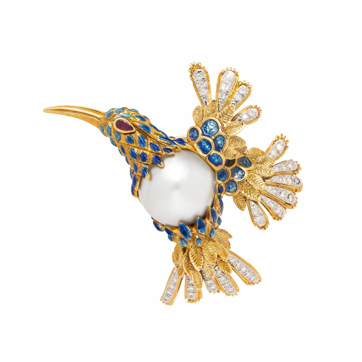 David Webb, Cultured Pearl, Enamel, Diamond and Yellow Gold Hummingbird Brooch