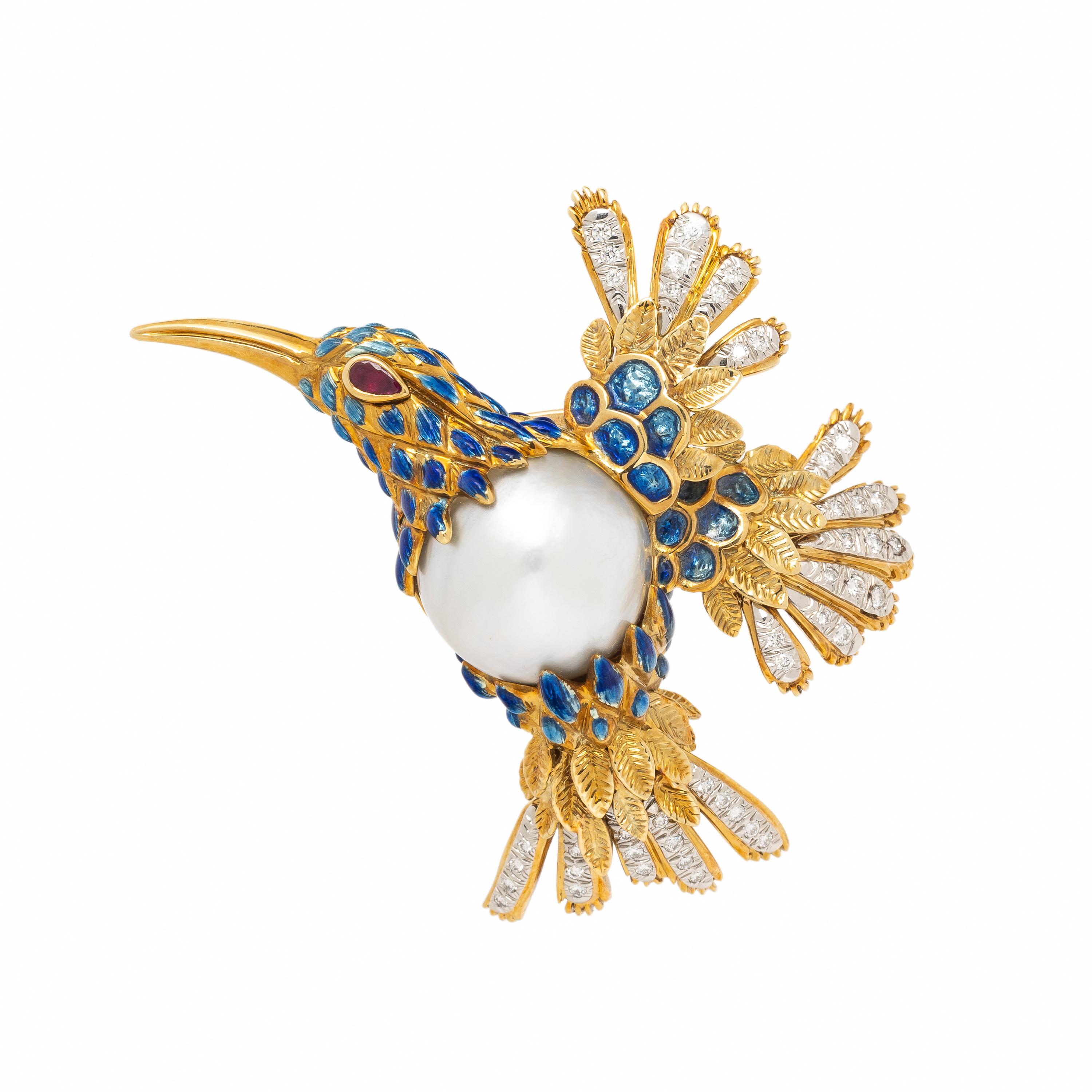 David Webb, Cultured Pearl, Enamel, Diamond and Yellow Gold Hummingbird Brooch
