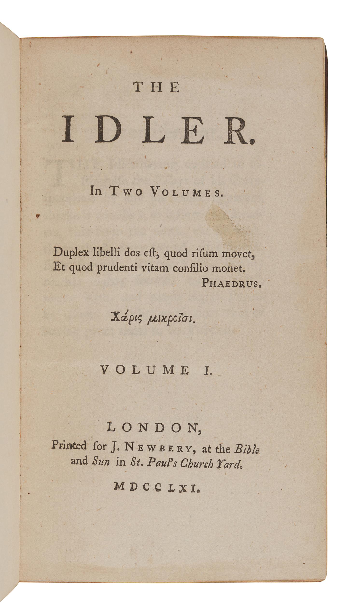 JOHNSON, Samuel (1709-1784). The Idler. London: printed for J. Newbery, 1761.