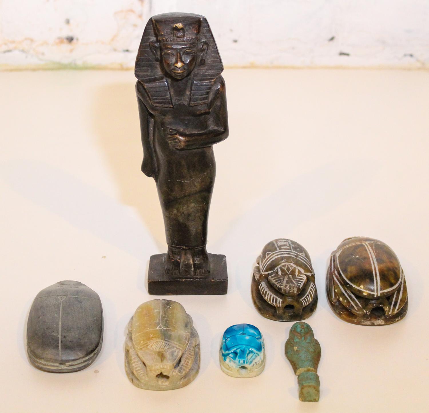 A Collection of Egyptian Carved Stone Articles Height of tallest 9 inches.
