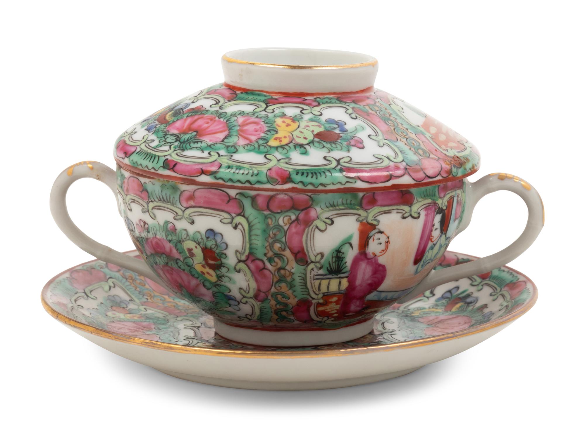 A Large Collection of 128 Export Rose Medallion Porcelain Wares