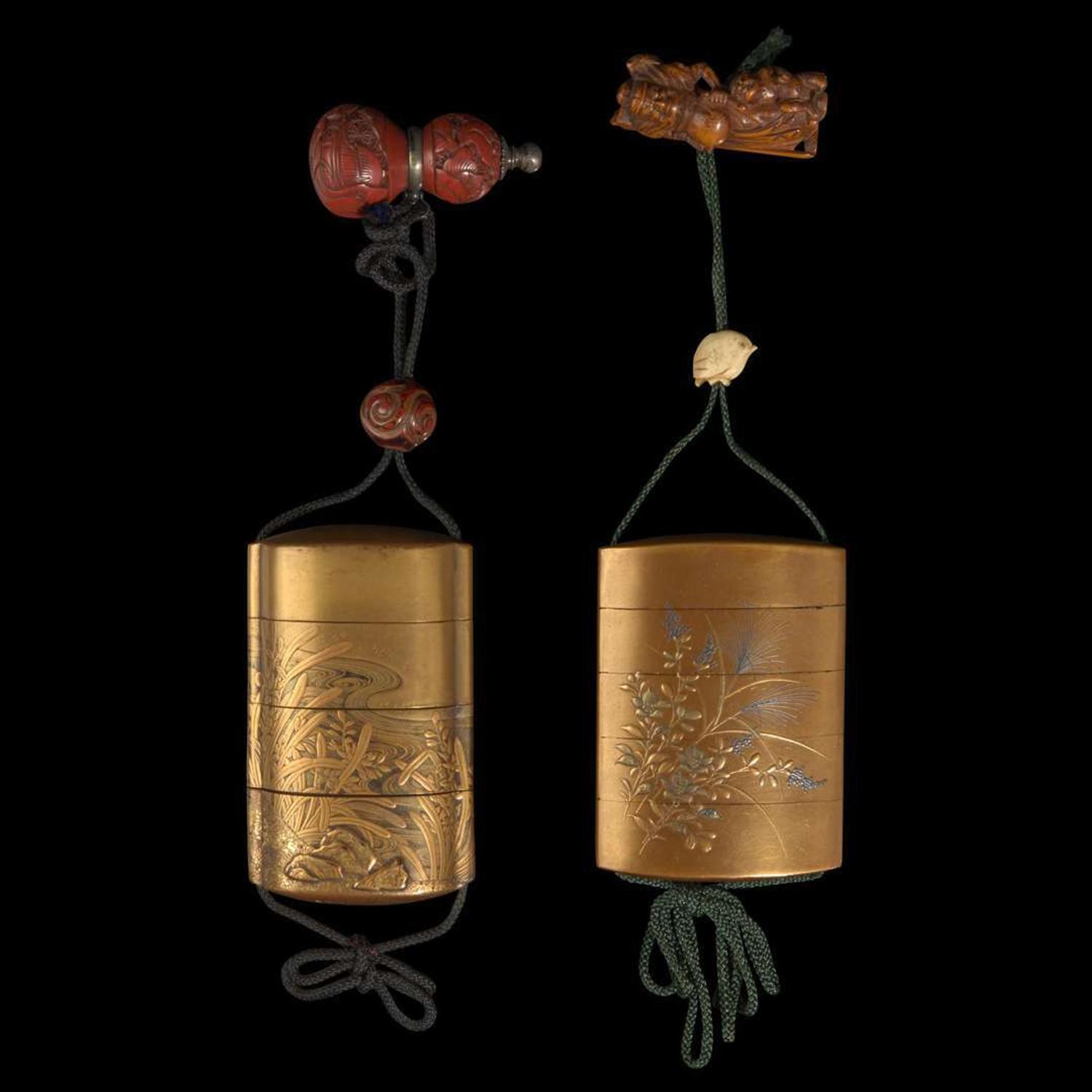 Two Japanese gold lacquer inro 日本印笼两套 Meiji period ??