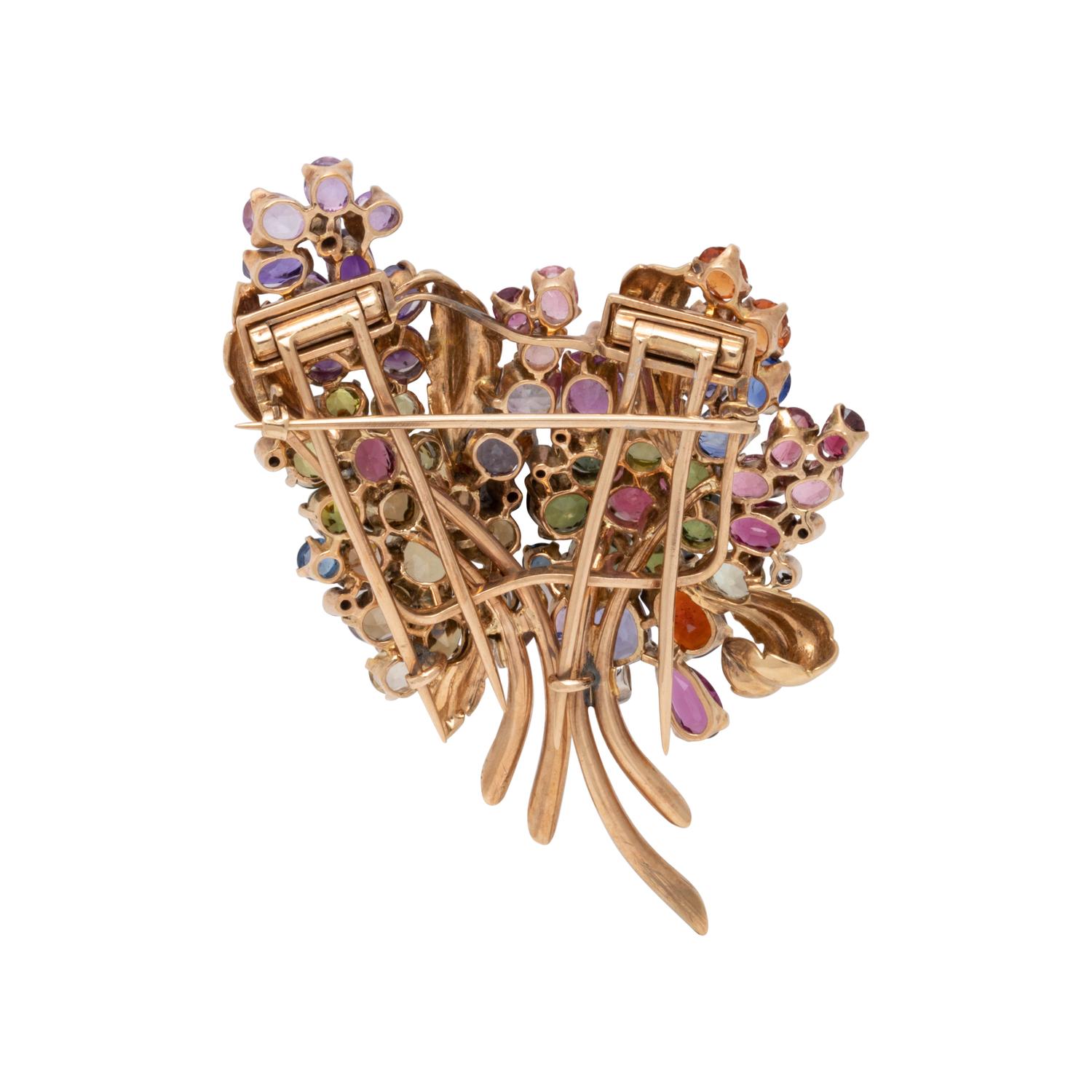 RETRO, ROSE GOLD, MULTIGEM AND DIAMOND DOUBLE CLIP BROOCH