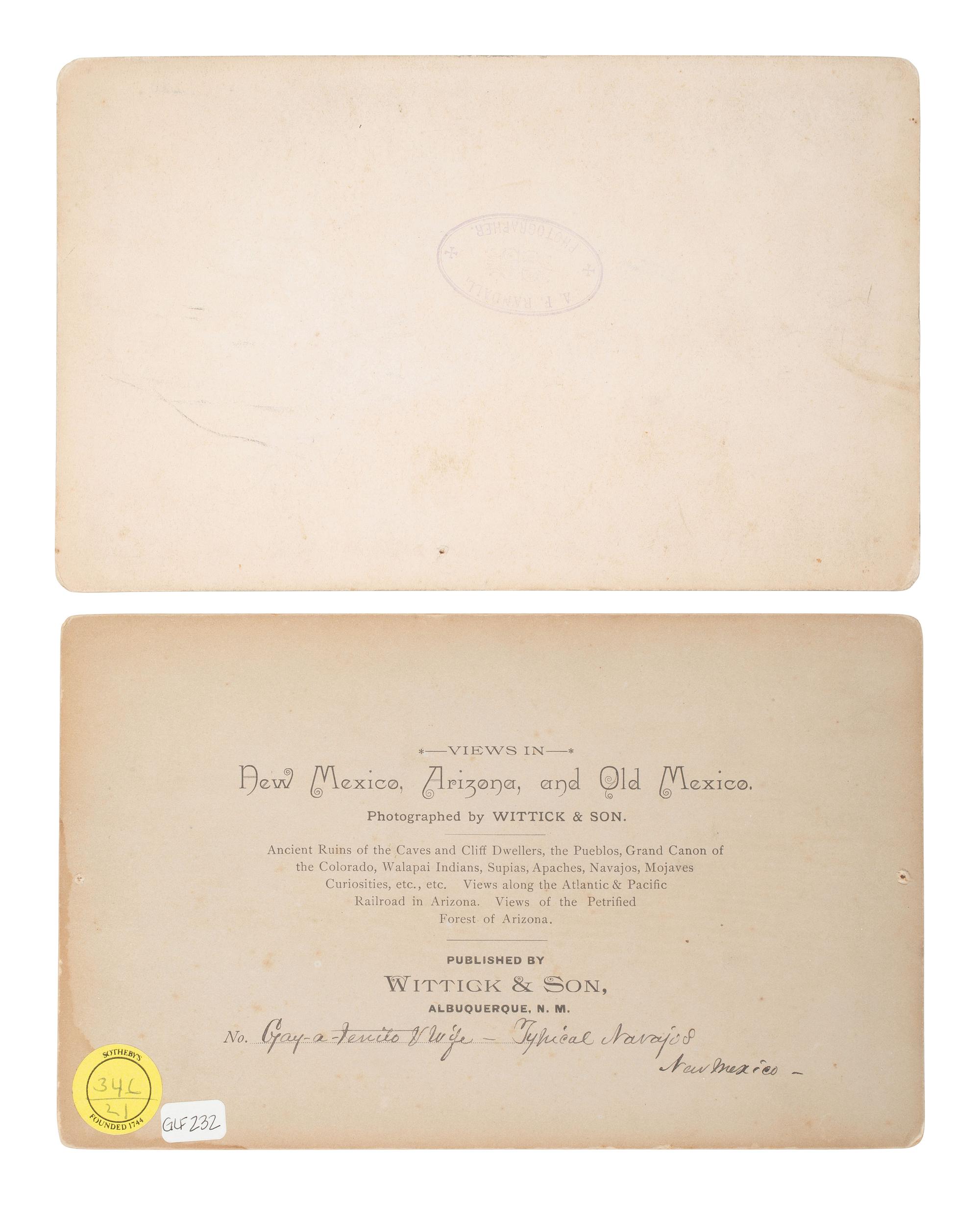 [NATIVE AMERICANS]. 2 boudoir photographs of Southwestern Indians by RANDALL and WITTICK, incl. Apache Chief Chihuahua.