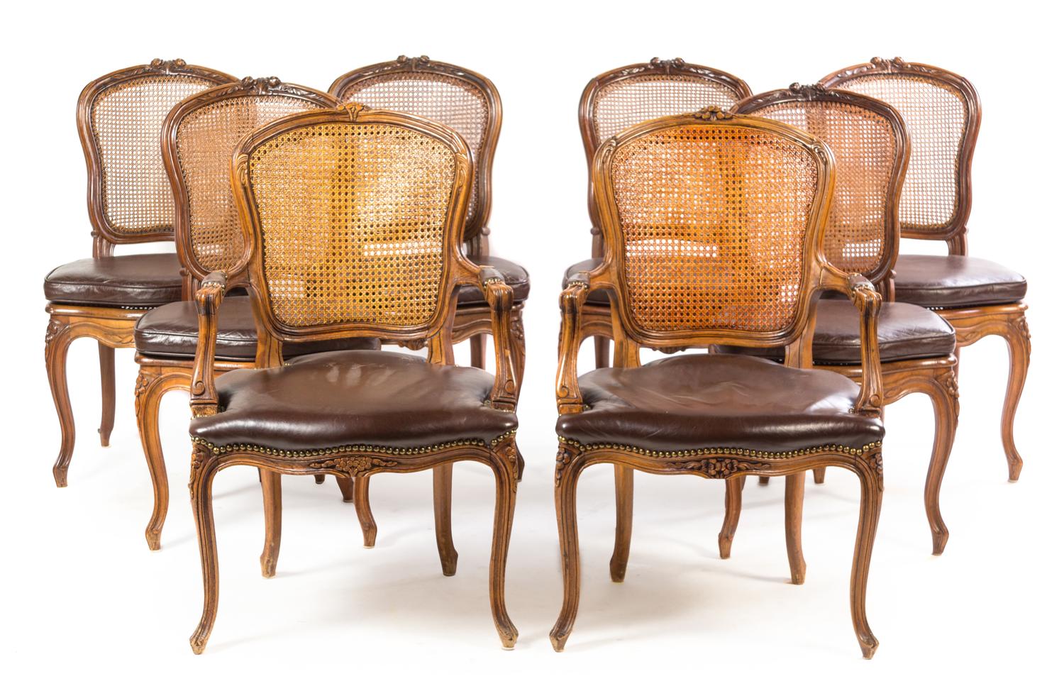 A Set of Eight Louis XV Style Walnut Dining Chairs Height 37 inches. — LATE 19TH CENTURY