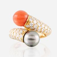 A coral, Tahitian black cultured pearl, diamond, and gold ring, Van Cleef & Arpels