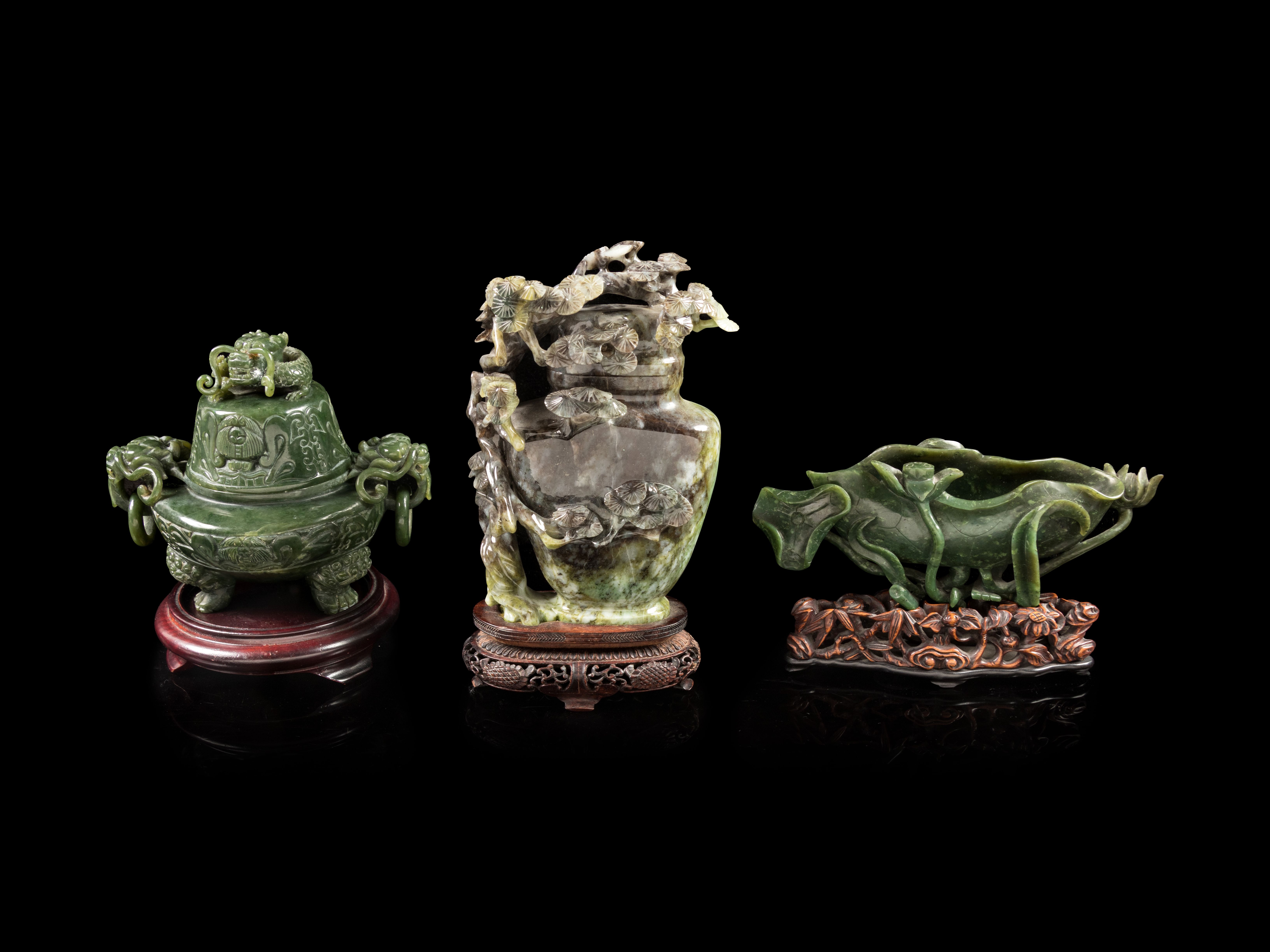 Three Chinese Carved Green Jade and Jadeite Articles | Freeman's
