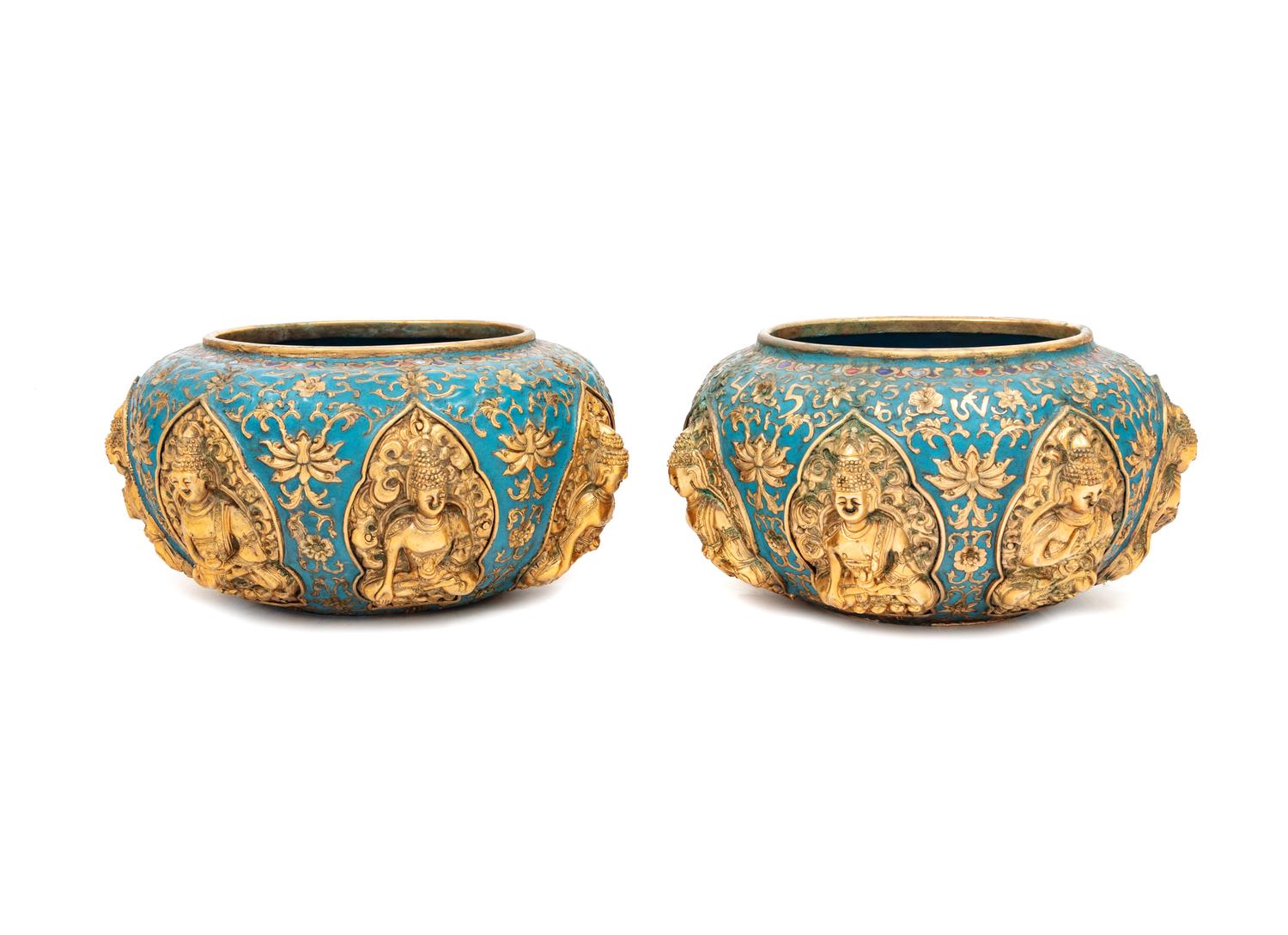 A Pair of Chinese Gilt Bronze Enameled 'Buddhist' Bowls