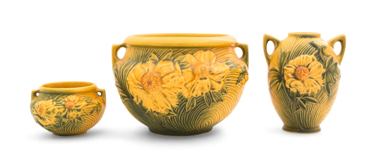 Three Roseville Peony Pottery Vases Height of tallest 6 inches.