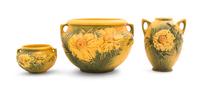 Three Roseville Peony Pottery Vases Height of tallest 6 inches.