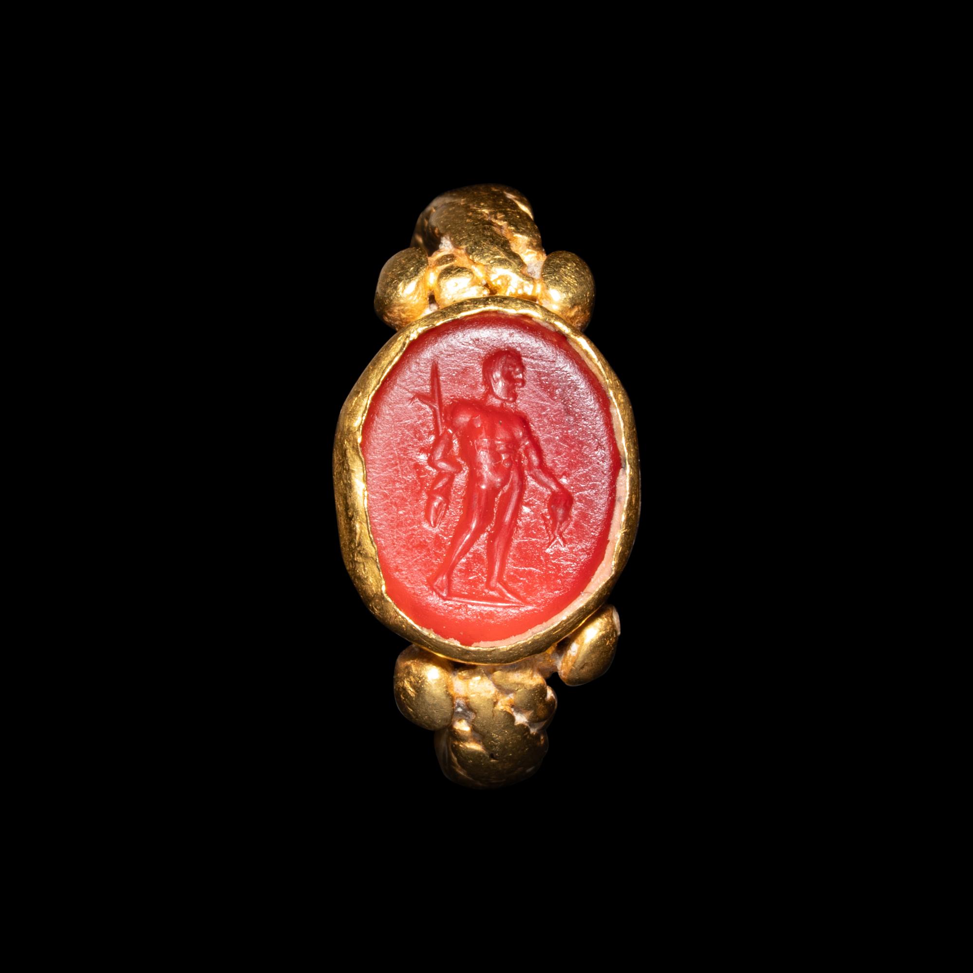 An Italic Carnelian Intaglio with Perseus — Set in a Late Roman gold ring