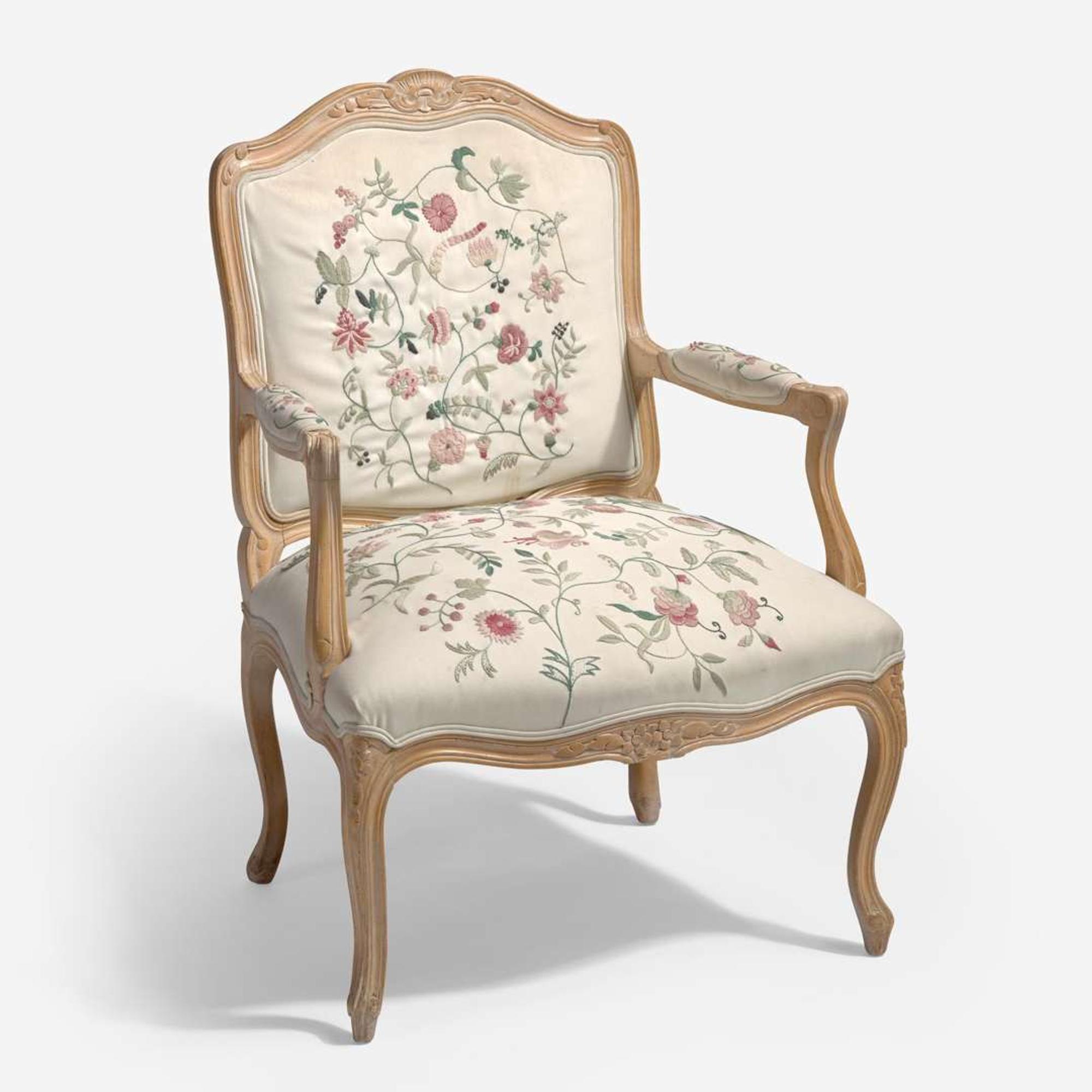 With Embroidered Upholstery by Erica Wilson (American, 1928-2011) Louis XV Style Fauteuil, USA, 20th century