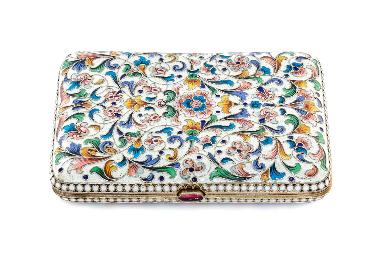 A Russian Enameled Silver Cigarette Case, Maker's mark AL, kokoshnik mark of Ivan Lebedkin, Moscow, early 20th century, the case with p