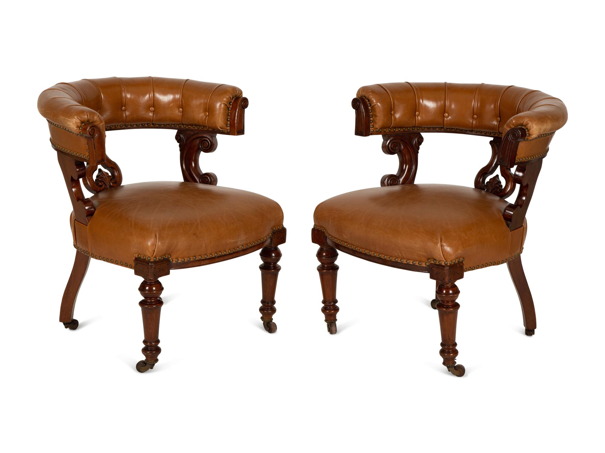 A Pair of William IV Style Leather-Upholstered Mahogany Armchairs