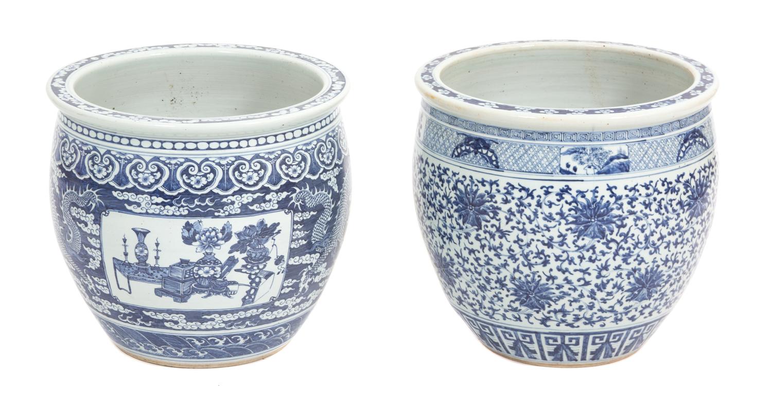 A Pair of Chinese Blue and White Porcelain Jardinieres Height 16 x diameter 15 inches. — 20TH CENTURY