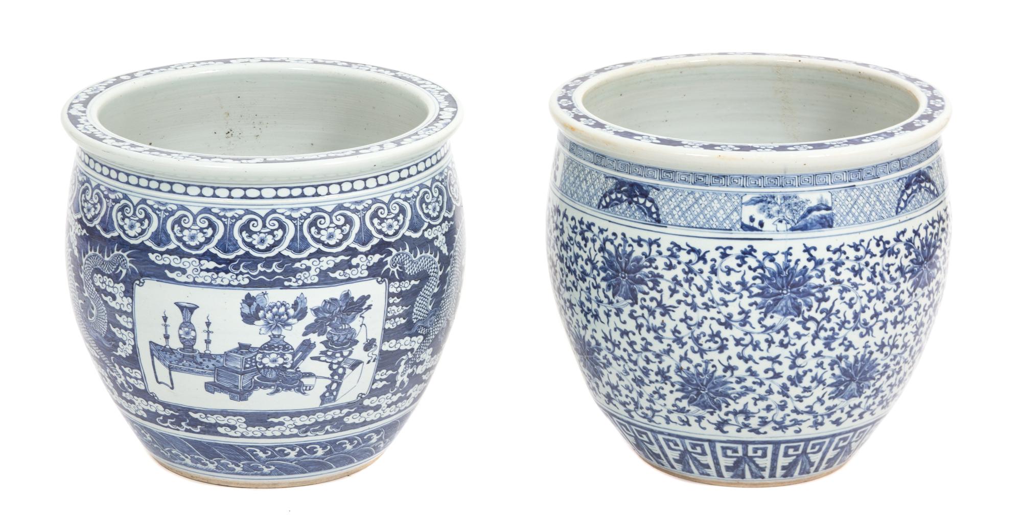 A Pair of Chinese Blue and White Porcelain Jardinieres Height 16 x diameter 15 inches. — 20TH CENTURY