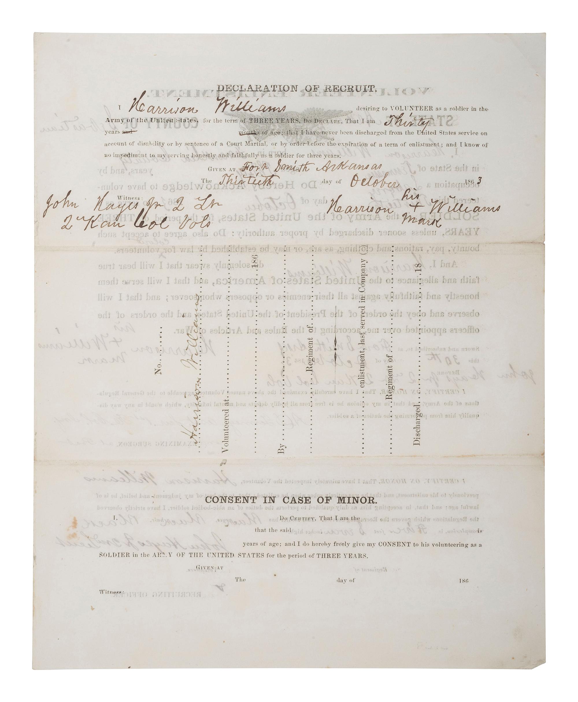 [CIVIL WAR]. WILLIAMS, Harrison (b. ca 1833). Partly printed volunteer enlistment document, 1st Kansas Colored Infantry, later 79th USCT. Fort Smith, AR, 30 October 1863.